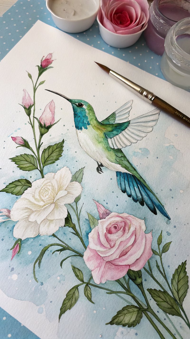 Watercolor Hummingbird with Pink Roses