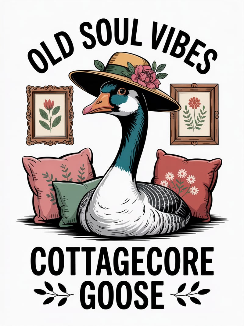 Vintage Goose Illustration with Floral Hat