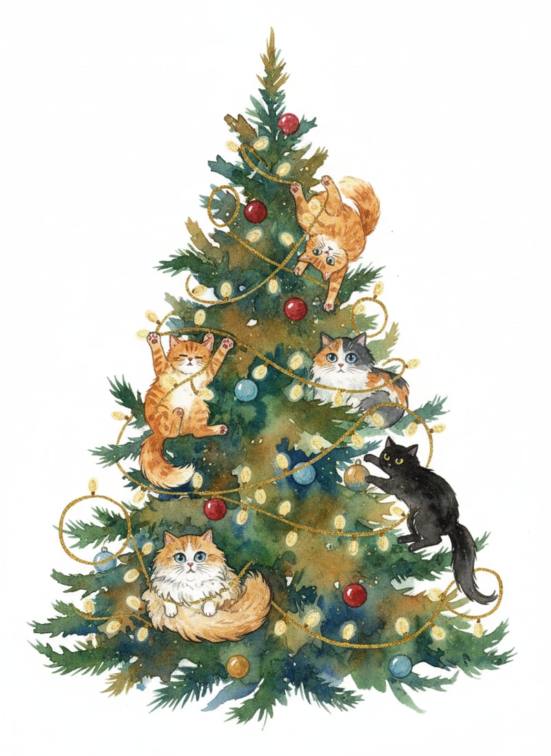 Watercolor Christmas Tree with Cats