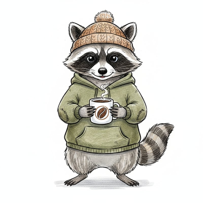 Raccoon Holding Coffee Drawing