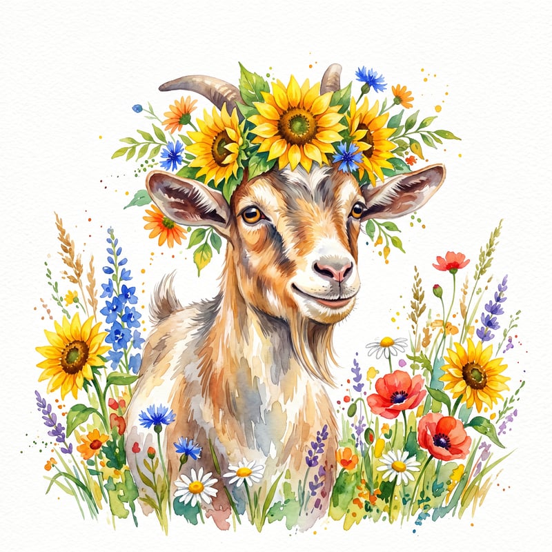 Cheerful Watercolor Goat with Sunflower