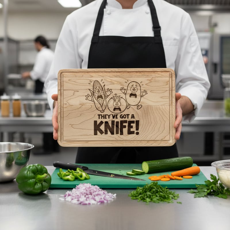 Chef Holding Engraved Board in Kitchen