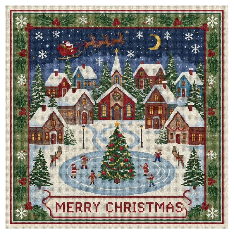 Christmas Village Embroidery Illustration