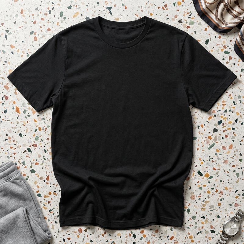 Photorealistic Black Cotton T-Shirt Flat Lay