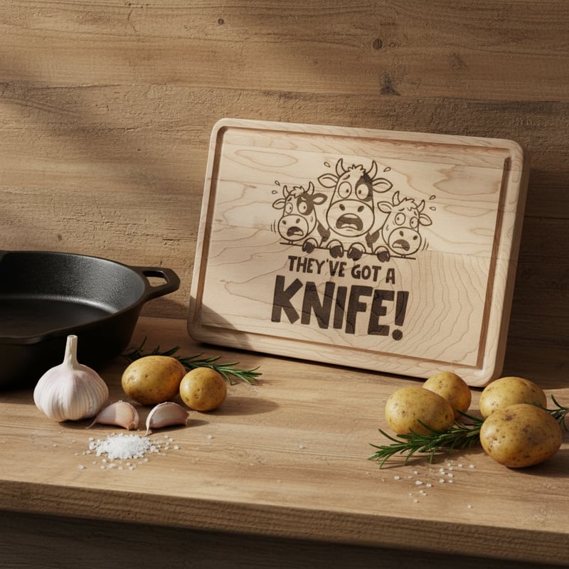 Engraved Wooden Board with Cooking Setup