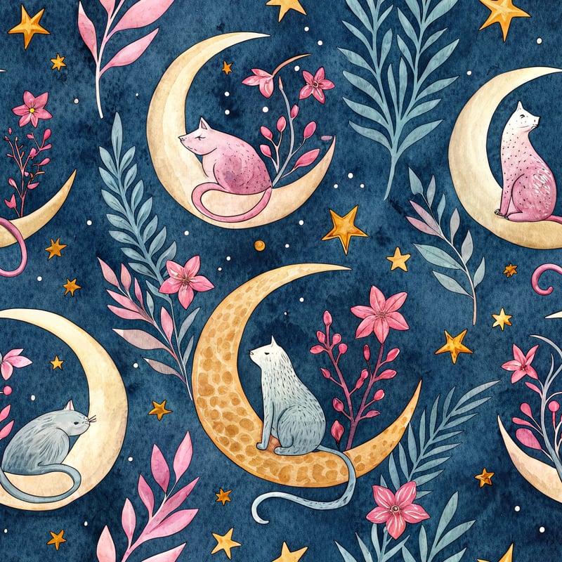 Whimsical Cats with Moon and Stars