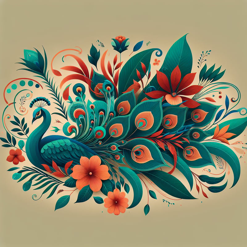 Vibrant Peacock in Abstract Floral Design