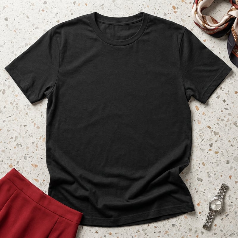 Photorealistic Black Cotton T-Shirt Flat Lay