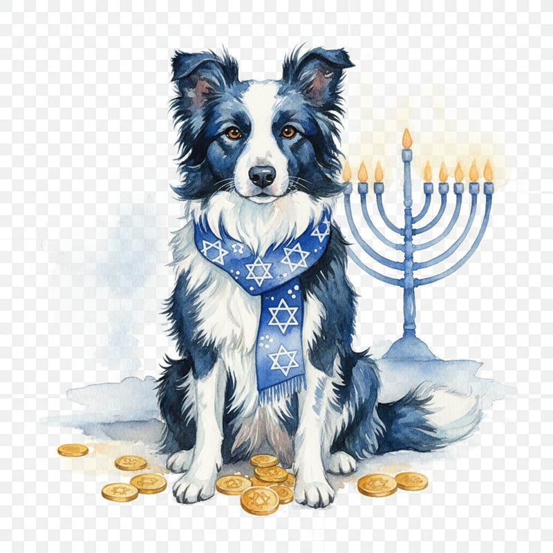 Watercolor Border Collie with Hanukkah Scarf