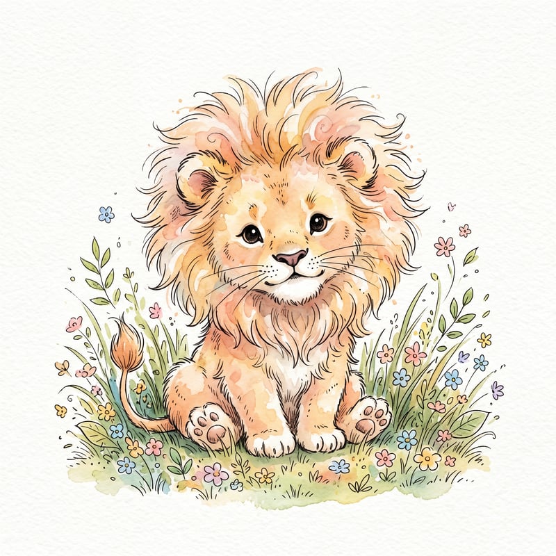 Cute Baby Lion in Watercolor Style