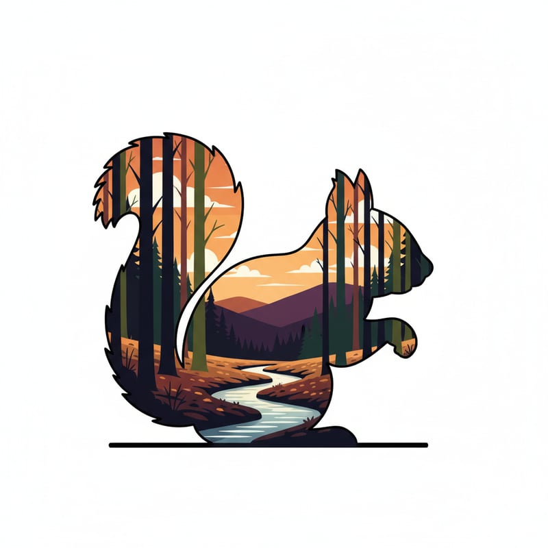 Stylized Black Squirrel Landscape Silhouette