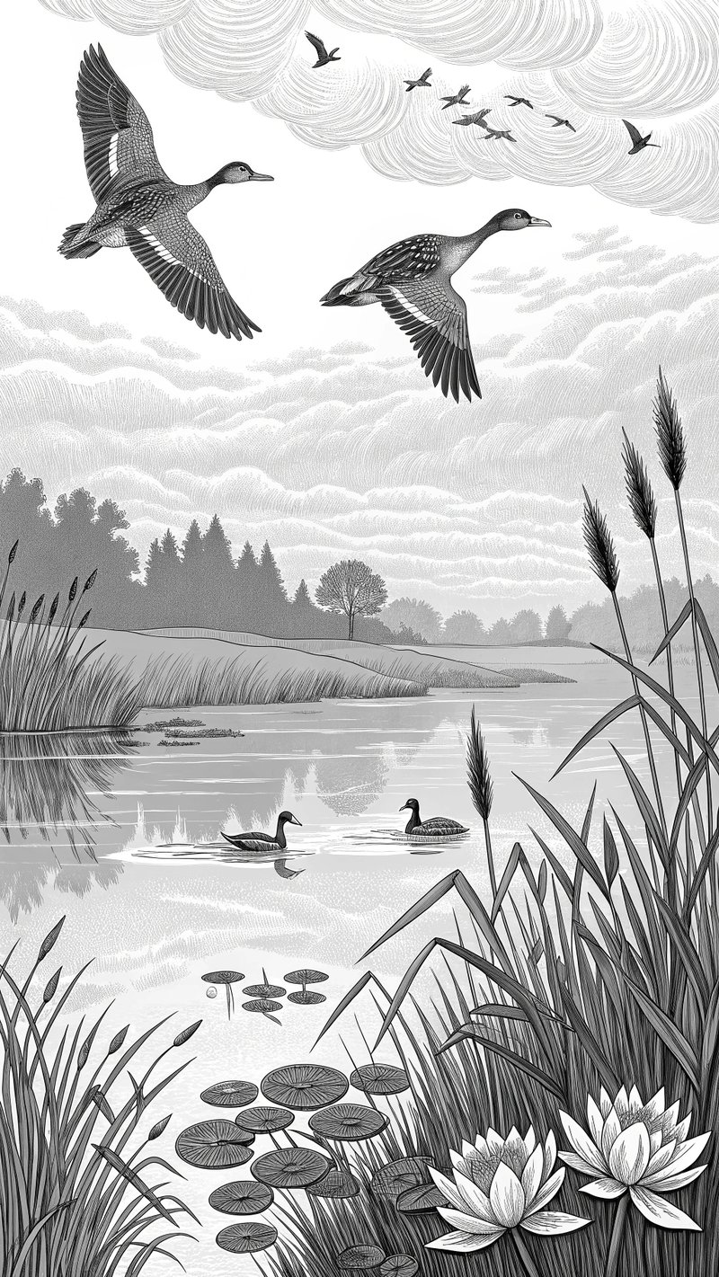 Engraved Ducks Over Calm Marsh