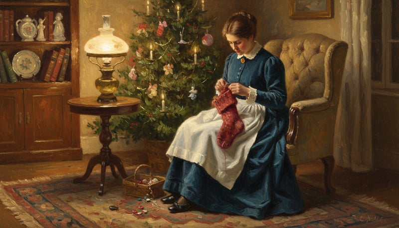 Victorian Mother Mending Christmas Stocking
