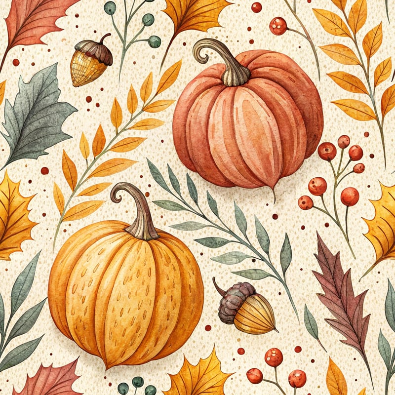 Watercolor Pumpkins and Autumn Leaves