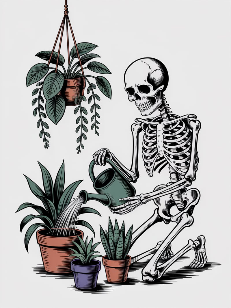 Vintage Skeleton Watering Potted Plants