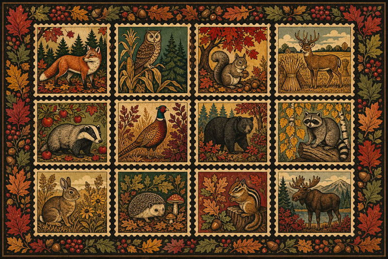 Vintage Autumn Woodland Stamp Grid