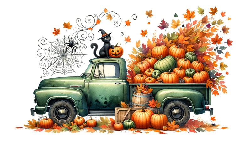 Vintage Green Pickup with Autumn Decor