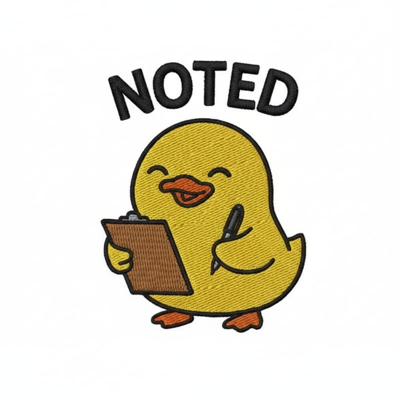 Duck Holding Clipboard Saying NOTED