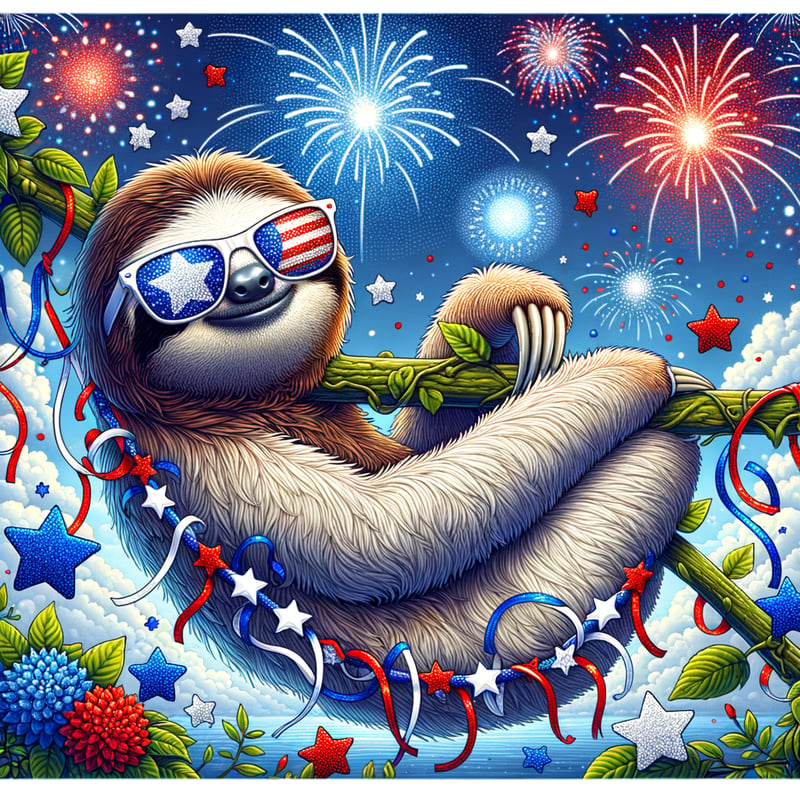 Patriotic Sloth with Fireworks
