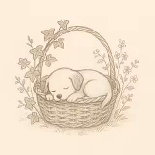 Hand-Drawn Wicker Basket with Puppy