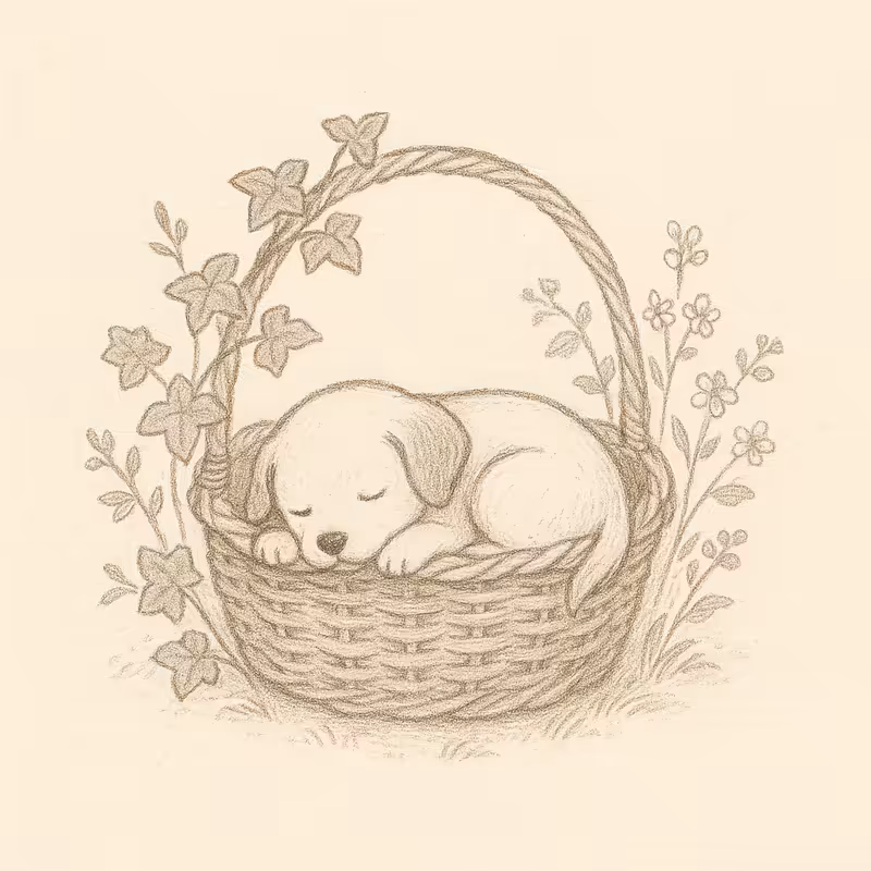Hand-Drawn Wicker Basket with Puppy