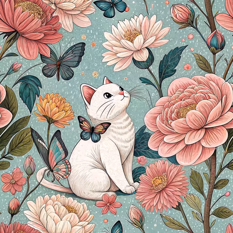 Floral Art with Maneki Neko and Text