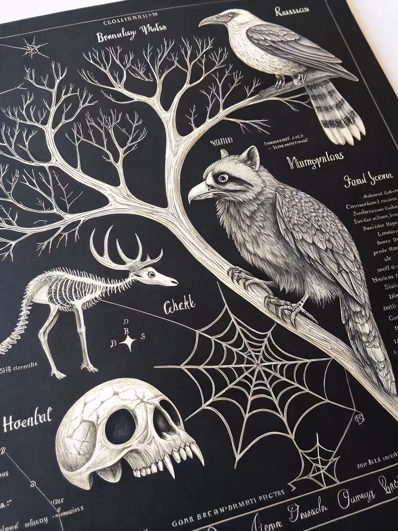 Vintage White Line Art of Creepy Nocturnal Animals