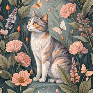 Dilute Tortoiseshell Cat Among Pastel Blooms