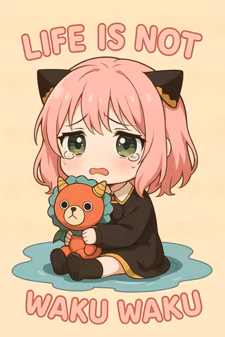 Cute Sad Kawaii Character in Puddle