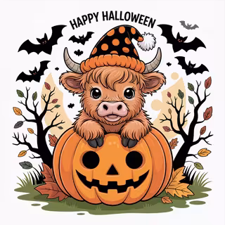 Baby Highland Cow on Pumpkin Halloween