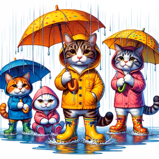 Cats in Colorful Raincoats