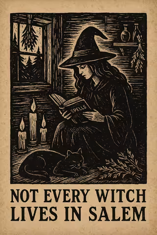 Vintage Witch Illustration in Cabin