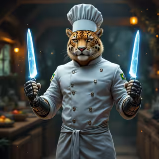 Anthropomorphic Jaguar Chef in Cyberpunk Kitchen