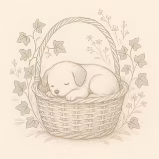 Hand-Drawn Wicker Basket with Puppy