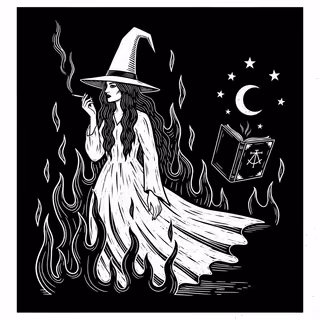 Vintage Witch Illustration in Monochrome