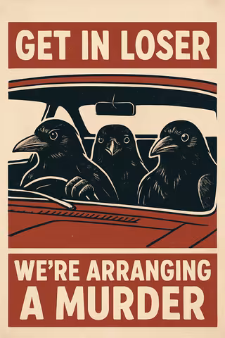 Three Crows in Retro Car with Bold Text