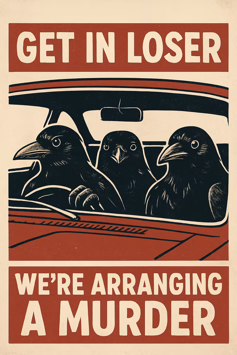 Three Crows in Retro Car with Bold Text