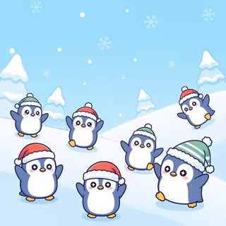 Cute Cartoon Penguins in Christmas Hats