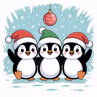 Cute Cartoon Penguins in Christmas Hats