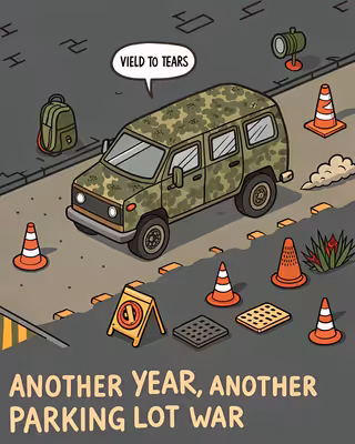 Cartoon Military Minivan in Parking Lot