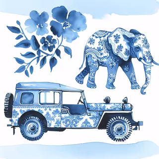 Blue Toile Safari Jeep Illustration