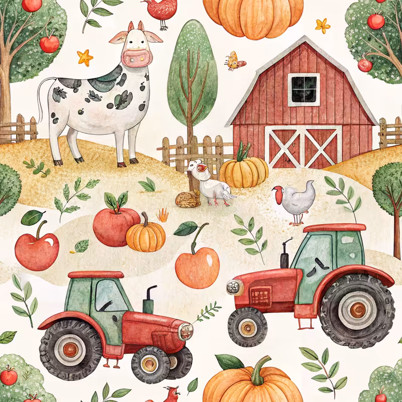 Cartoon Farmyard with Tractors and Animals