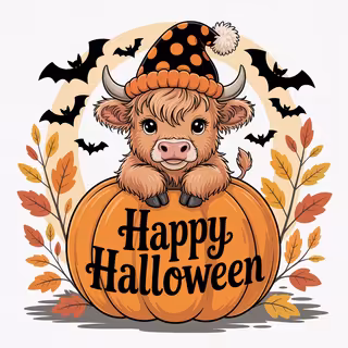 Baby Highland Cow on Pumpkin Halloween