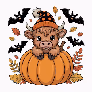 Baby Highland Cow on Pumpkin Halloween