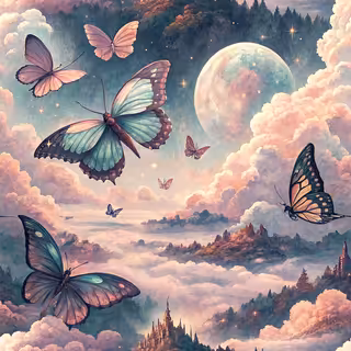 Iridescent Butterflies Over Surreal Islands