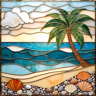 Stained Glass Tropical Beach Scene