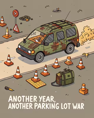 Cartoon Military Minivan in Parking Lot