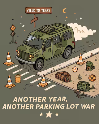 Cartoon Military Minivan in Parking Lot