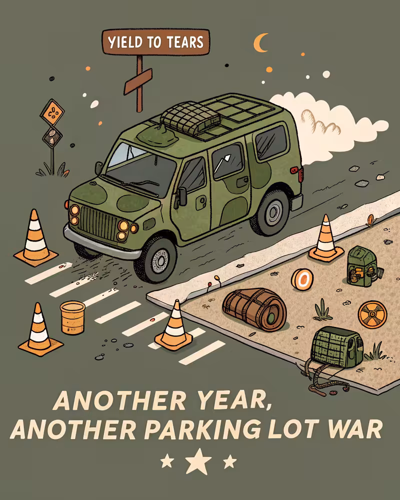 Cartoon Military Minivan in Parking Lot