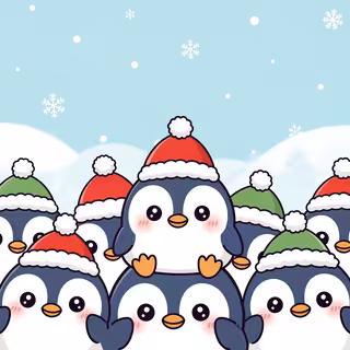 Cute Cartoon Penguins in Christmas Hats